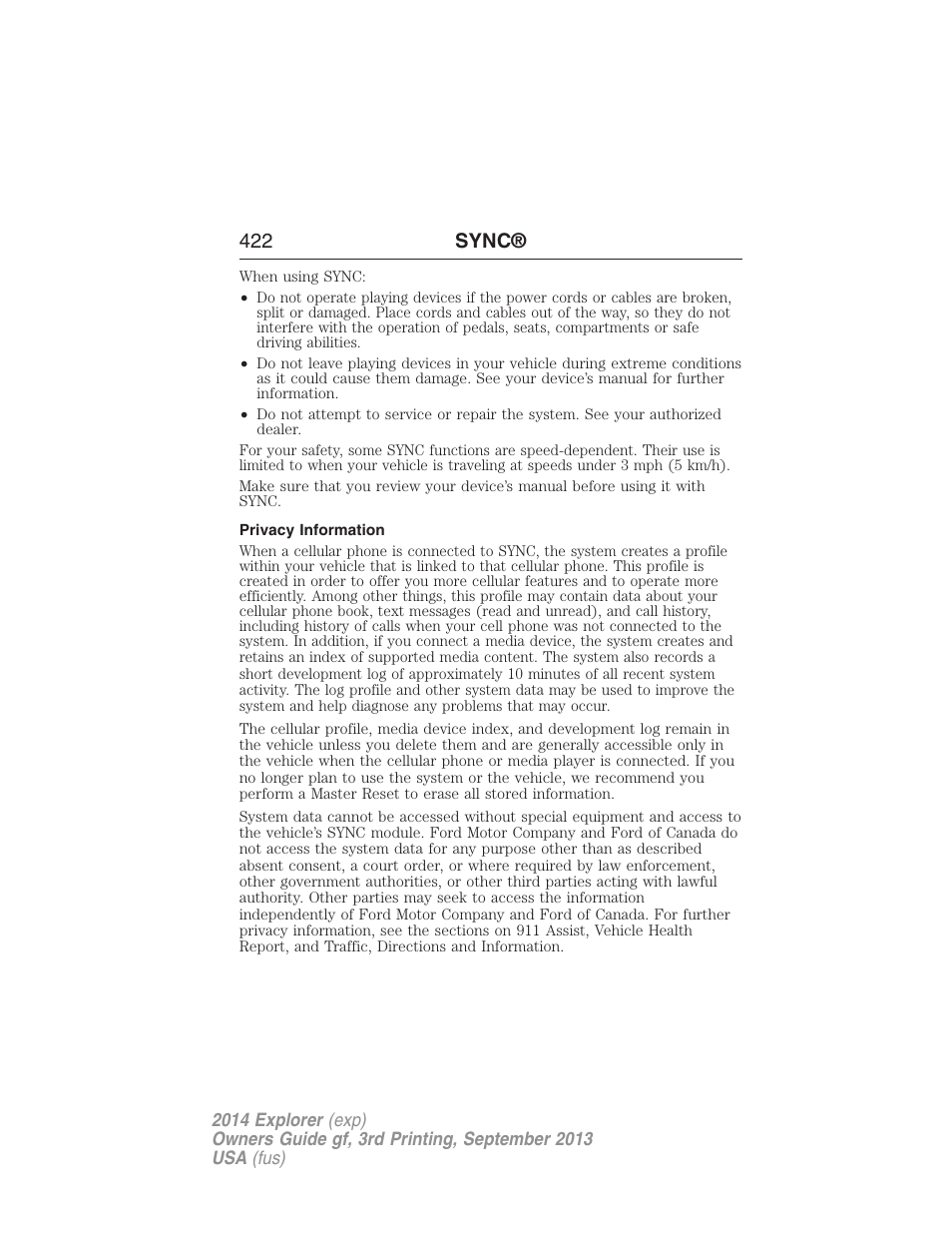 Privacy information, 422 sync | FORD 2014 Explorer v.3 User Manual | Page 423 / 593