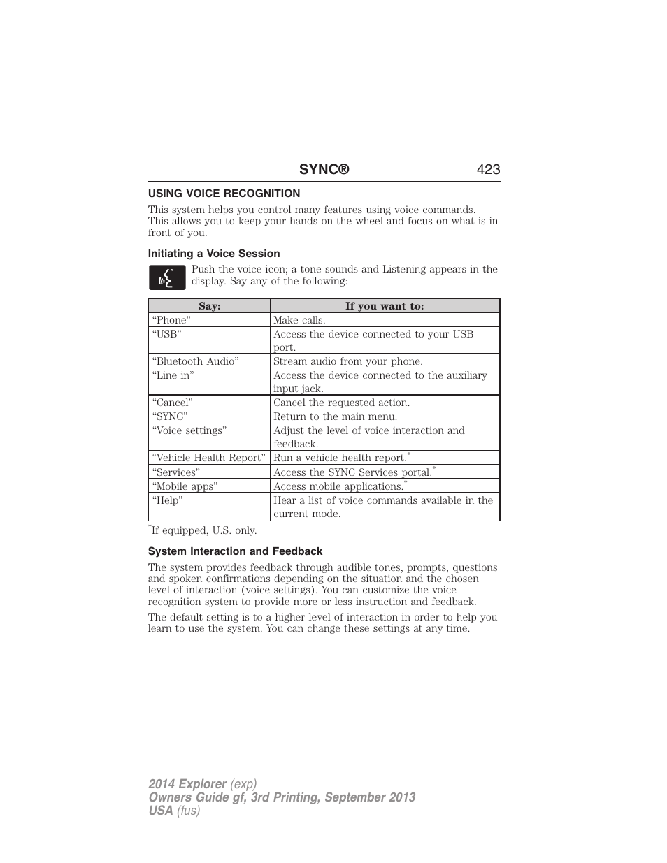 Using voice recognition, Initiating a voice session, System interaction and feedback | Sync® 423 | FORD 2014 Explorer v.3 User Manual | Page 424 / 593