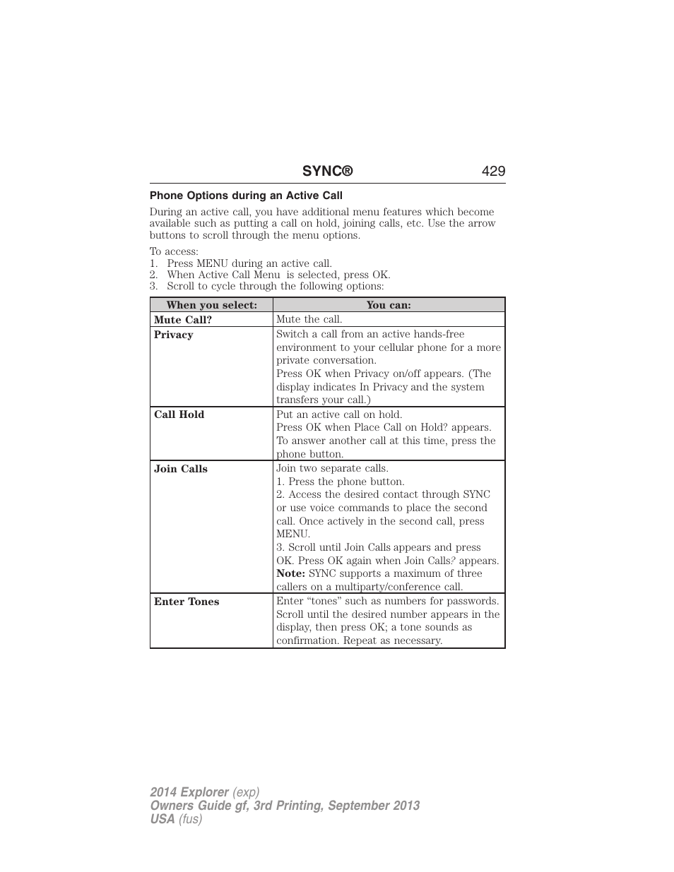 Phone options during an active call, Sync® 429 | FORD 2014 Explorer v.3 User Manual | Page 430 / 593