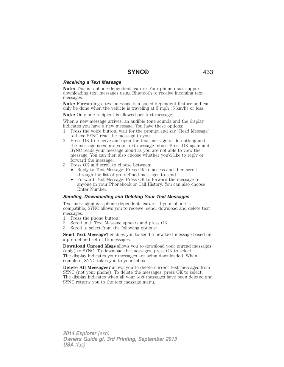 Receiving a text message, Sync® 433 | FORD 2014 Explorer v.3 User Manual | Page 434 / 593