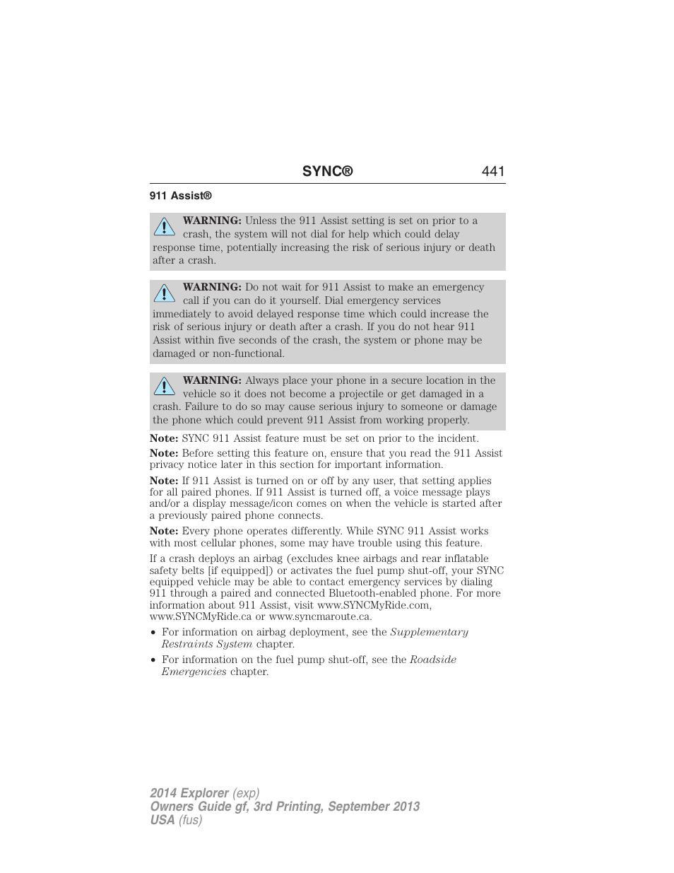 911 assist, Sync® 441 | FORD 2014 Explorer v.3 User Manual | Page 442 / 593