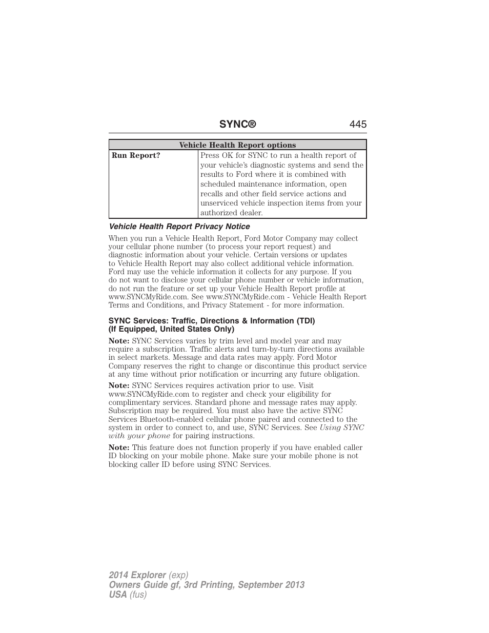 Vehicle health report privacy notice, Sync® 445 | FORD 2014 Explorer v.3 User Manual | Page 446 / 593