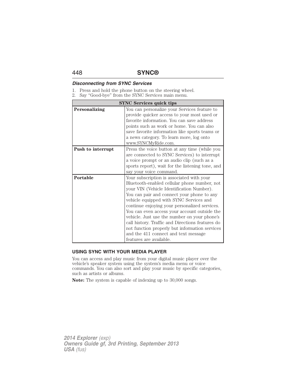 Disconnecting from sync services, Using sync with your media player, 448 sync | FORD 2014 Explorer v.3 User Manual | Page 449 / 593