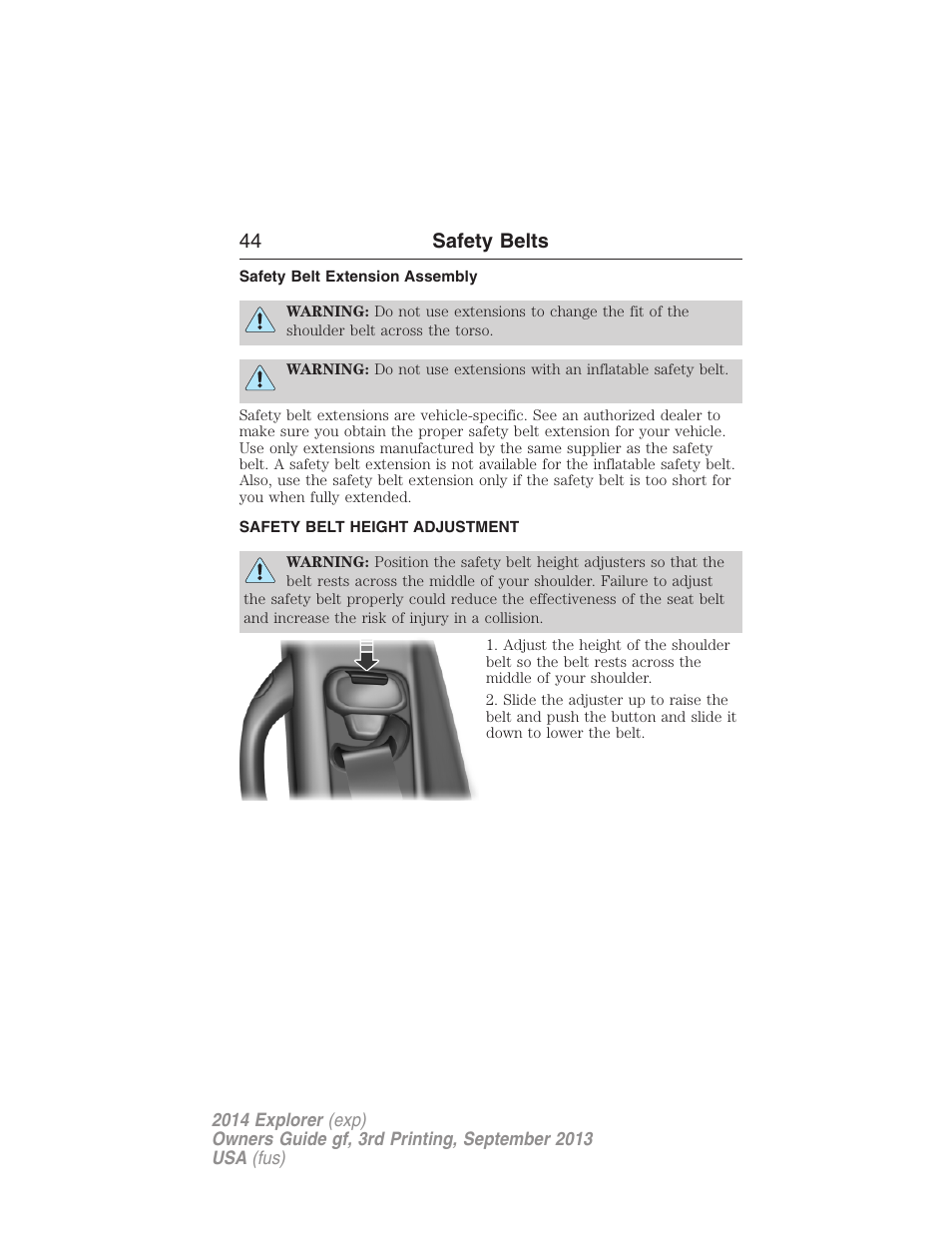 Safety belt extension assembly, Safety belt height adjustment, 44 safety belts | FORD 2014 Explorer v.3 User Manual | Page 45 / 593