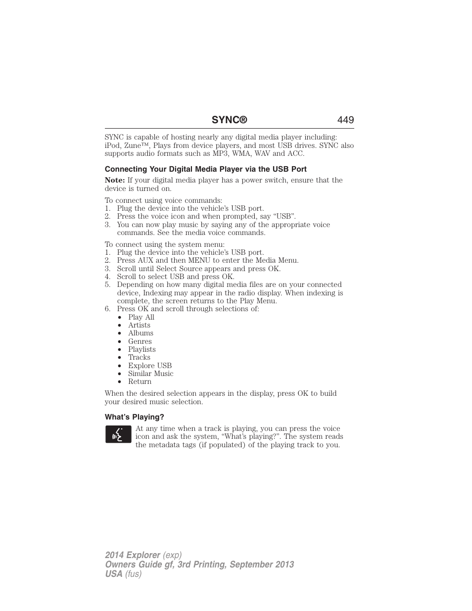 What’s playing, Sync® 449 | FORD 2014 Explorer v.3 User Manual | Page 450 / 593