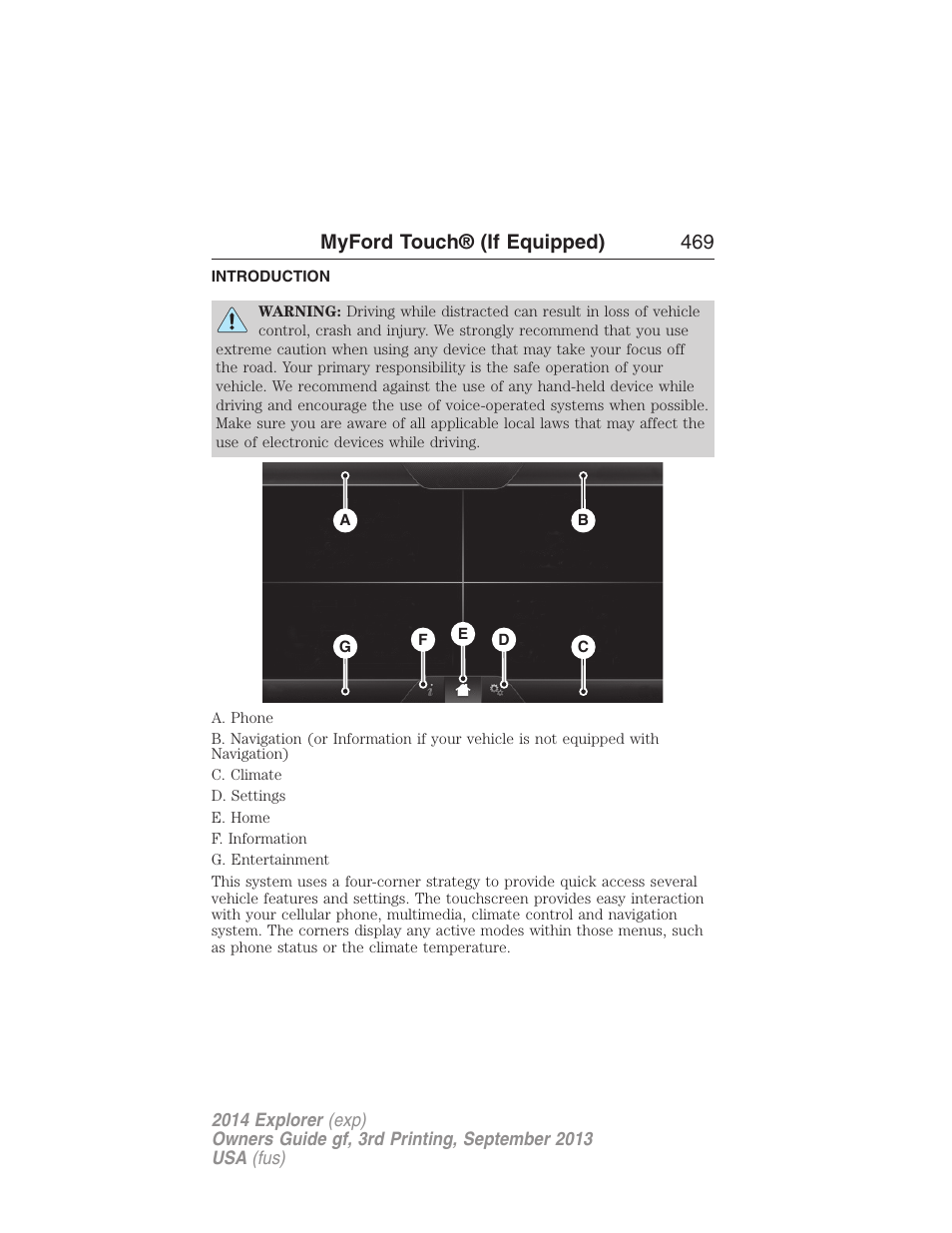 Myford touch® (if equipped), Introduction, Myford touch® (if equipped) 469 | FORD 2014 Explorer v.3 User Manual | Page 470 / 593