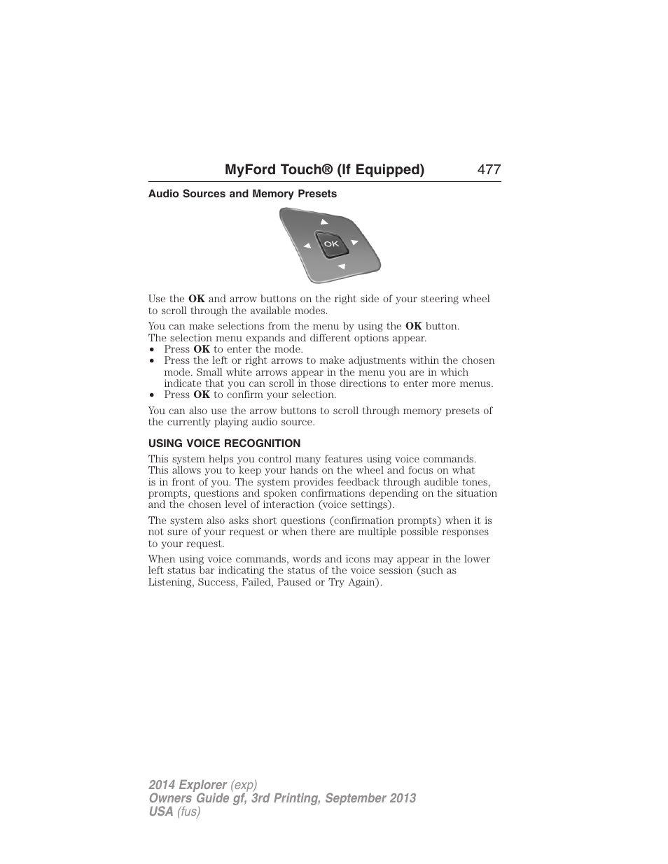 Audio sources and memory presets, Using voice recognition, Voice recognition | Myford touch® (if equipped) 477 | FORD 2014 Explorer v.3 User Manual | Page 478 / 593