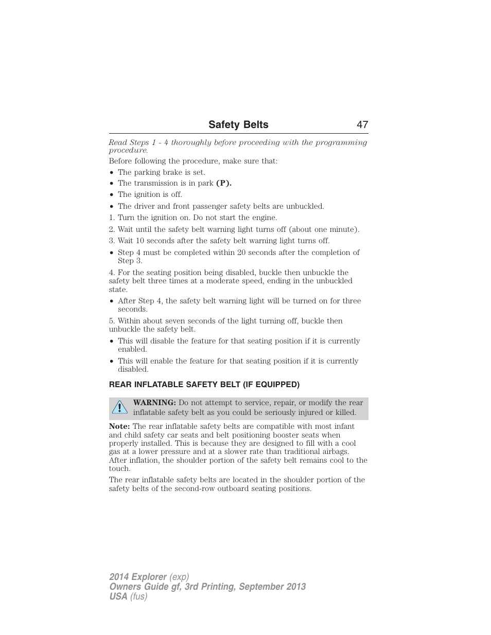 Rear inflatable safety belt (if equipped), Rear inflatable safety belt, Safety belts 47 | FORD 2014 Explorer v.3 User Manual | Page 48 / 593