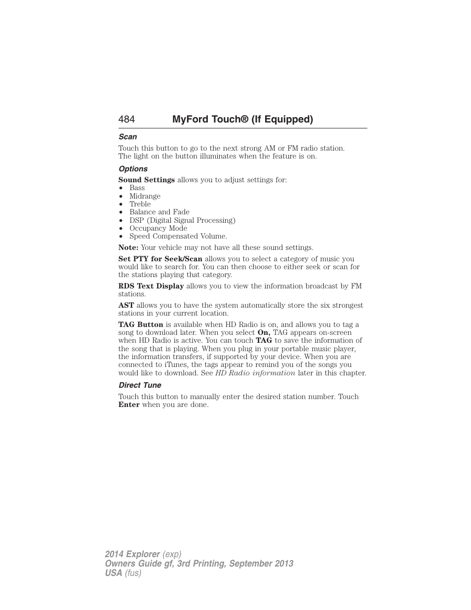 Scan, Options, Direct tune | 484 myford touch® (if equipped) | FORD 2014 Explorer v.3 User Manual | Page 485 / 593