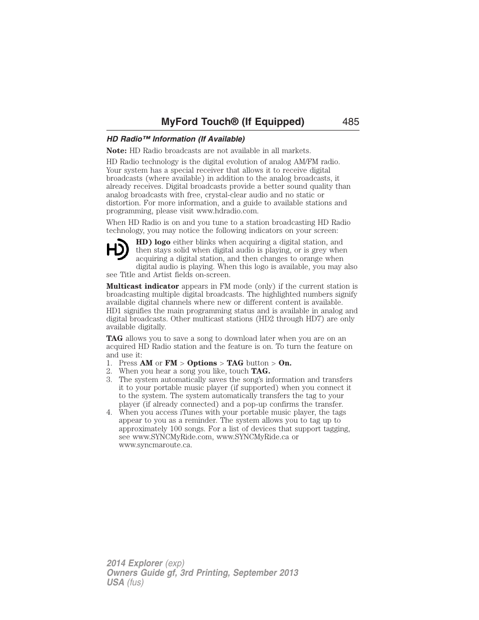 Hd radio™ information (if available), Myford touch® (if equipped) 485 | FORD 2014 Explorer v.3 User Manual | Page 486 / 593