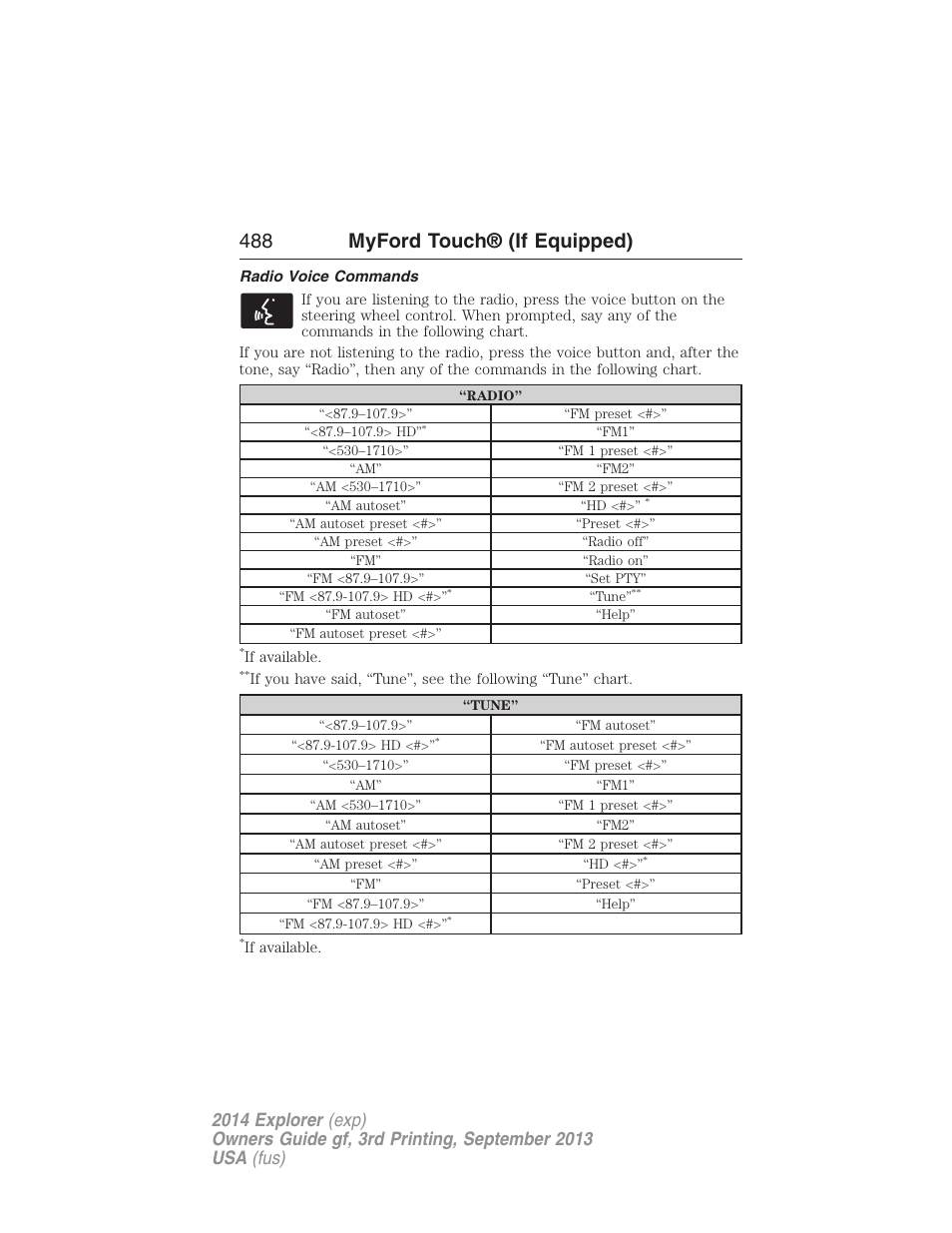 Radio voice commands, 488 myford touch® (if equipped) | FORD 2014 Explorer v.3 User Manual | Page 489 / 593