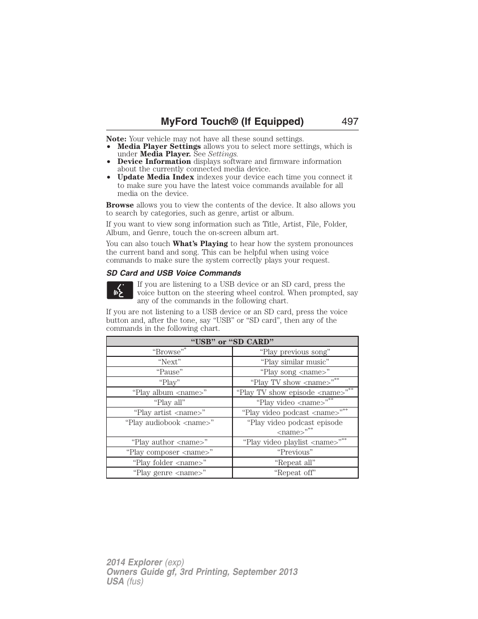 Sd card and usb voice commands, Myford touch® (if equipped) 497 | FORD 2014 Explorer v.3 User Manual | Page 498 / 593