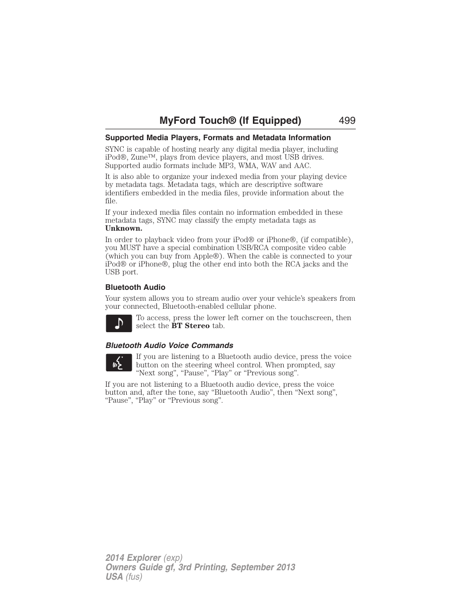 Bluetooth audio, Bluetooth audio voice commands, Myford touch® (if equipped) 499 | FORD 2014 Explorer v.3 User Manual | Page 500 / 593