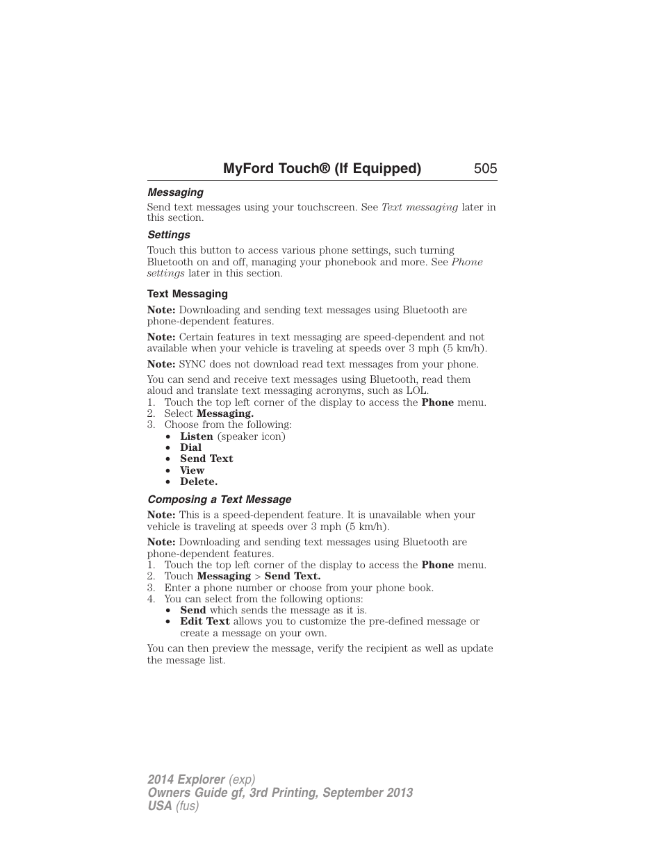 Messaging, Settings, Text messaging | Composing a text message, Myford touch® (if equipped) 505 | FORD 2014 Explorer v.3 User Manual | Page 506 / 593