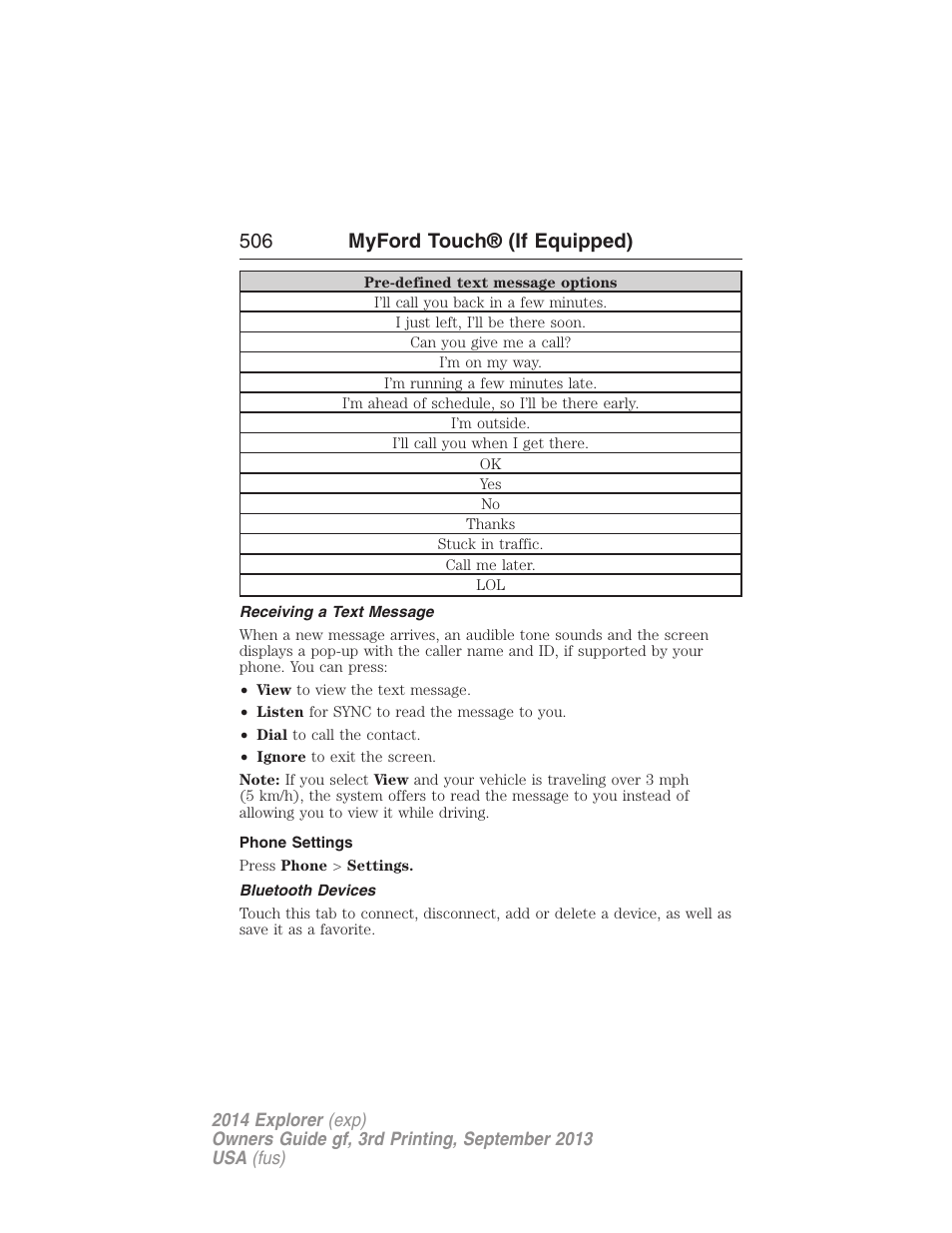 Receiving a text message, Phone settings, Bluetooth devices | 506 myford touch® (if equipped) | FORD 2014 Explorer v.3 User Manual | Page 507 / 593