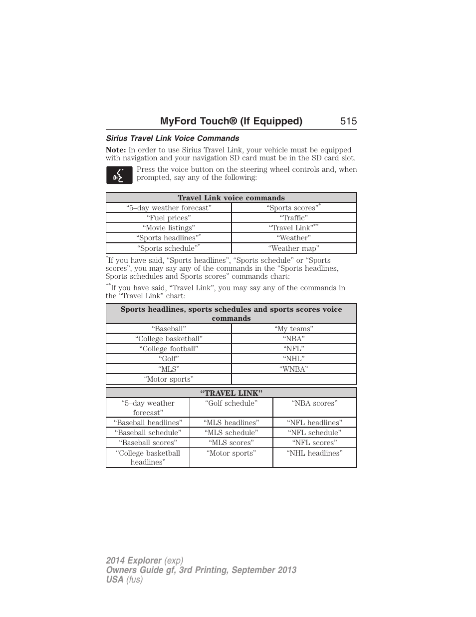 Sirius travel link voice commands, Myford touch® (if equipped) 515 | FORD 2014 Explorer v.3 User Manual | Page 516 / 593