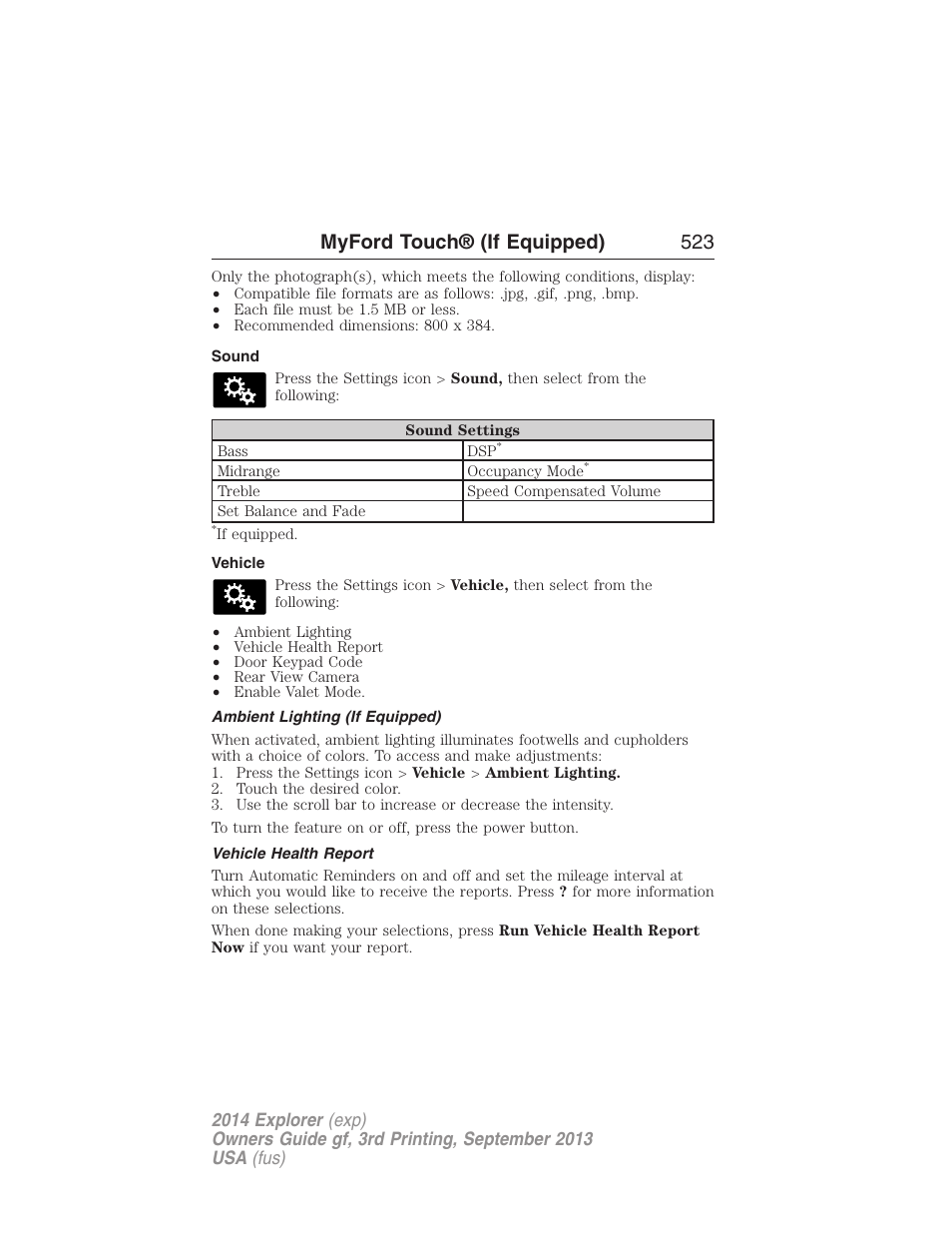 Sound, Vehicle, Ambient lighting (if equipped) | Vehicle health report, Myford touch® (if equipped) 523 | FORD 2014 Explorer v.3 User Manual | Page 524 / 593