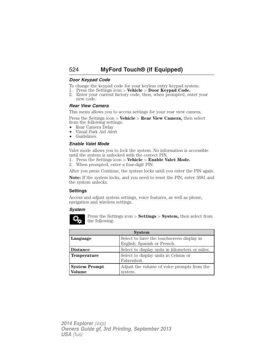 Door keypad code, Rear view camera, Enable valet mode | Settings, System, 524 myford touch® (if equipped) | FORD 2014 Explorer v.3 User Manual | Page 525 / 593