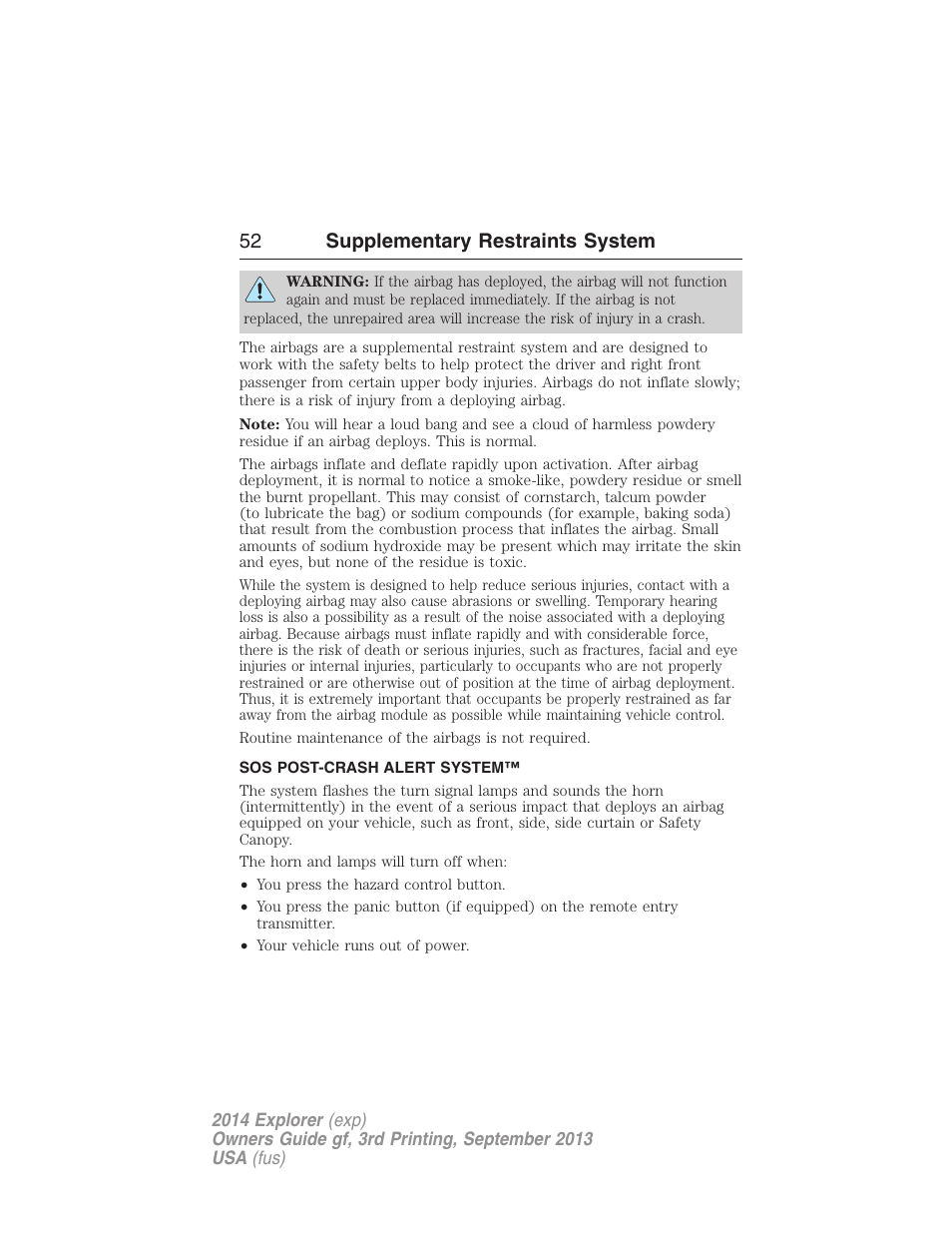 Sos post-crash alert system, 52 supplementary restraints system | FORD 2014 Explorer v.3 User Manual | Page 53 / 593