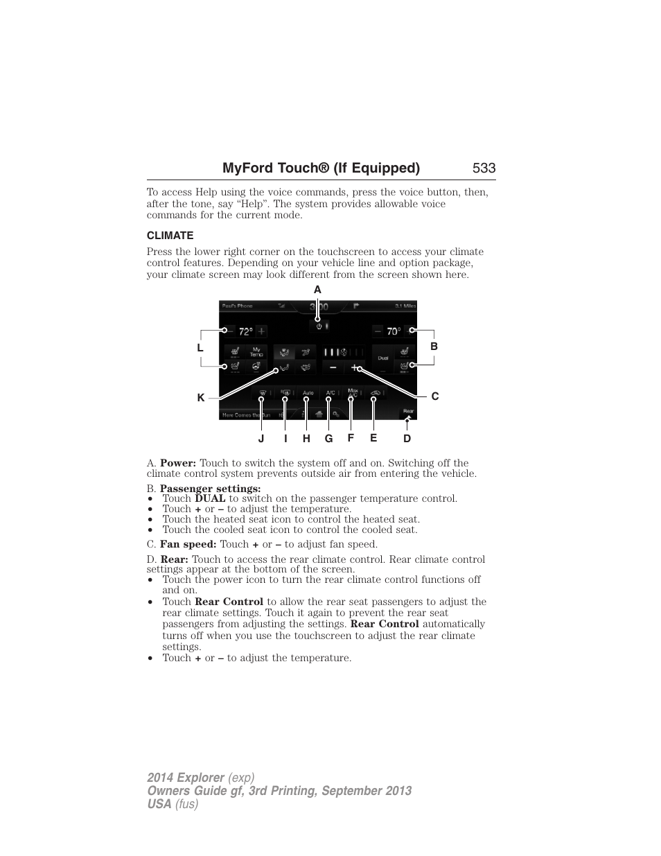 Climate, Climate features, Myford touch® (if equipped) 533 | FORD 2014 Explorer v.3 User Manual | Page 534 / 593