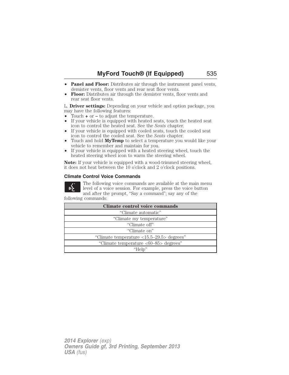 Climate control voice commands, Myford touch® (if equipped) 535 | FORD 2014 Explorer v.3 User Manual | Page 536 / 593