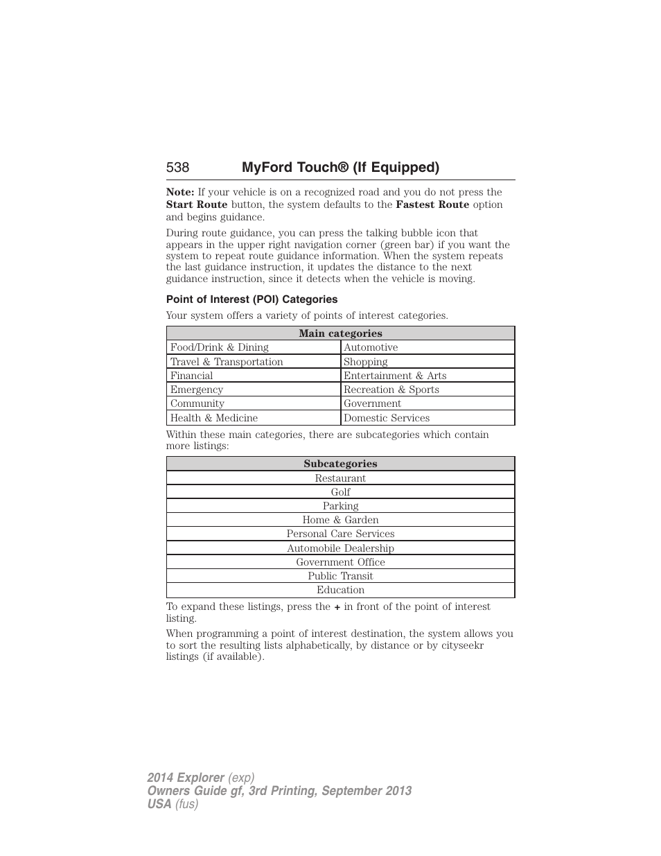 Point of interest (poi) categories, 538 myford touch® (if equipped) | FORD 2014 Explorer v.3 User Manual | Page 539 / 593