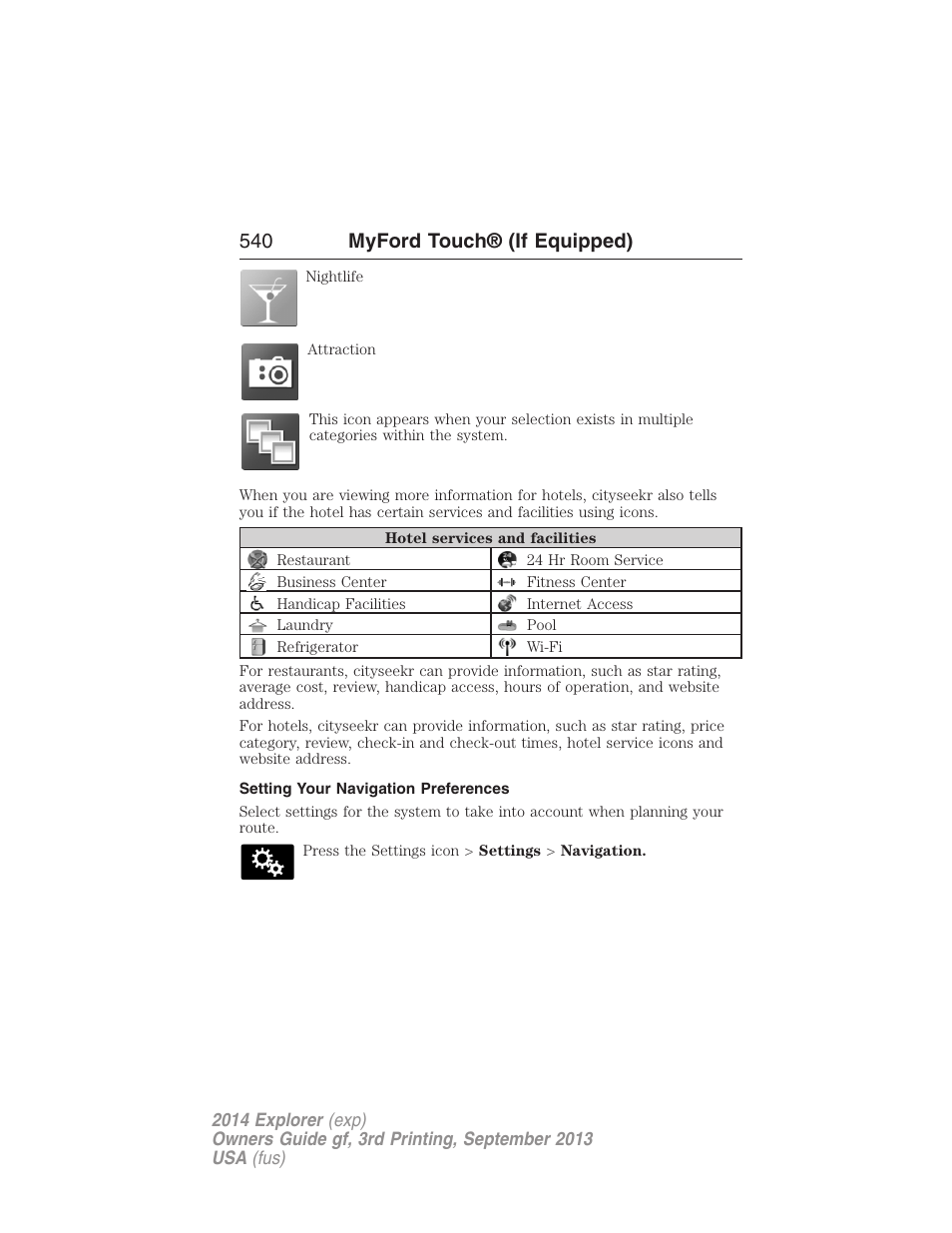 Setting your navigation preferences, 540 myford touch® (if equipped) | FORD 2014 Explorer v.3 User Manual | Page 541 / 593