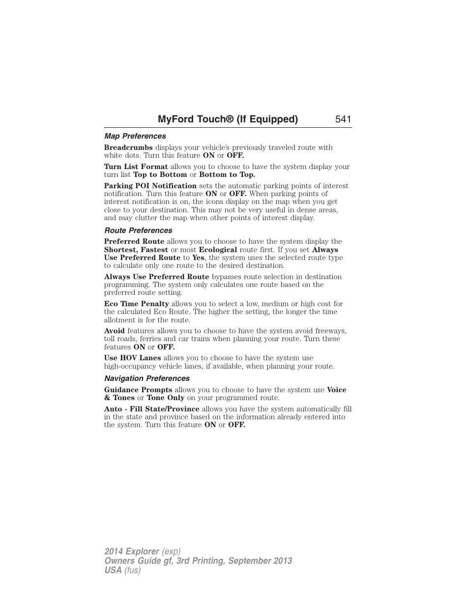 Map preferences, Route preferences, Navigation preferences | Myford touch® (if equipped) 541 | FORD 2014 Explorer v.3 User Manual | Page 542 / 593