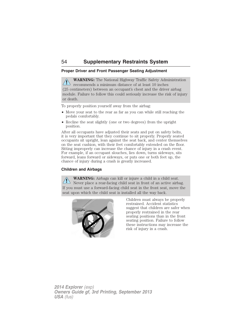 Children and airbags, 54 supplementary restraints system | FORD 2014 Explorer v.3 User Manual | Page 55 / 593