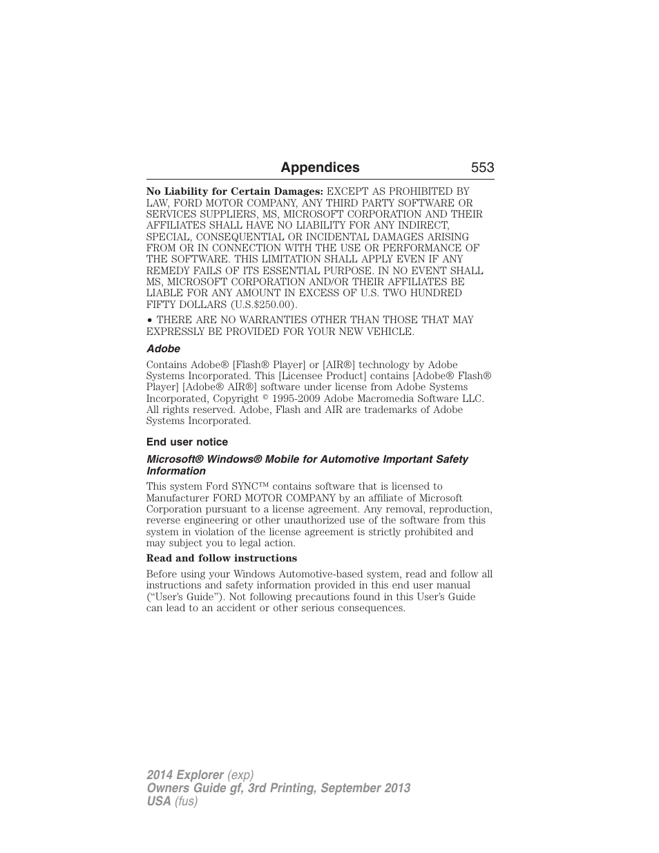 Adobe, End user notice, Appendices 553 | FORD 2014 Explorer v.3 User Manual | Page 554 / 593