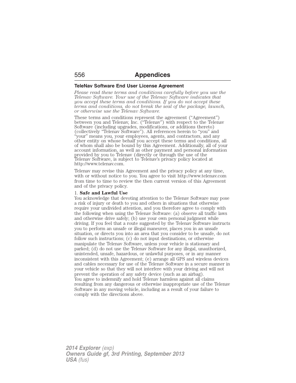 Telenav software end user license agreement | FORD 2014 Explorer v.3 User Manual | Page 557 / 593