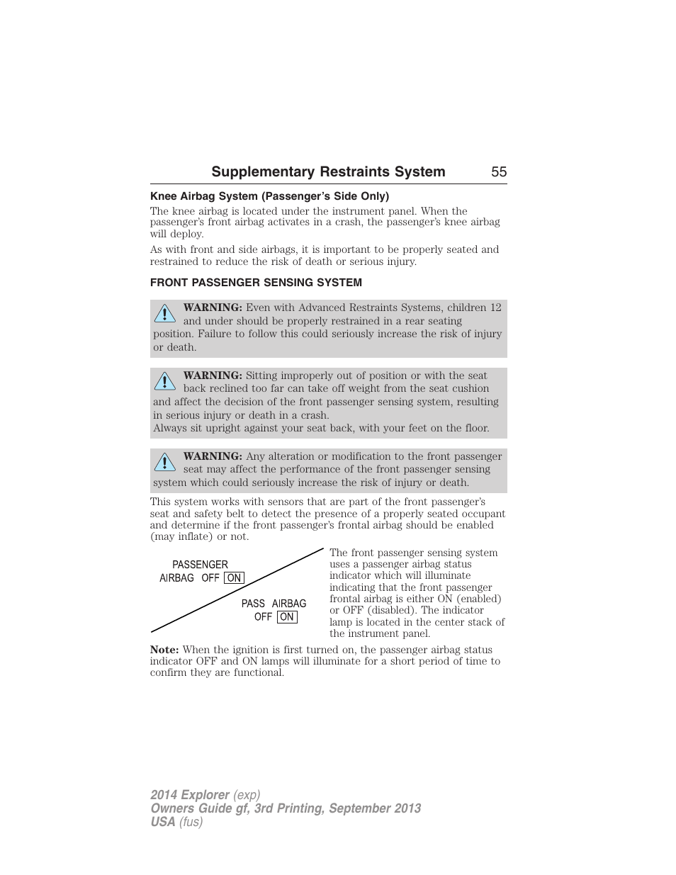 Knee airbag system (passenger’s side only), Front passenger sensing system, Supplementary restraints system 55 | FORD 2014 Explorer v.3 User Manual | Page 56 / 593
