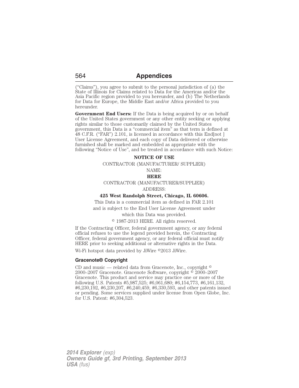 Gracenote® copyright, 564 appendices | FORD 2014 Explorer v.3 User Manual | Page 565 / 593