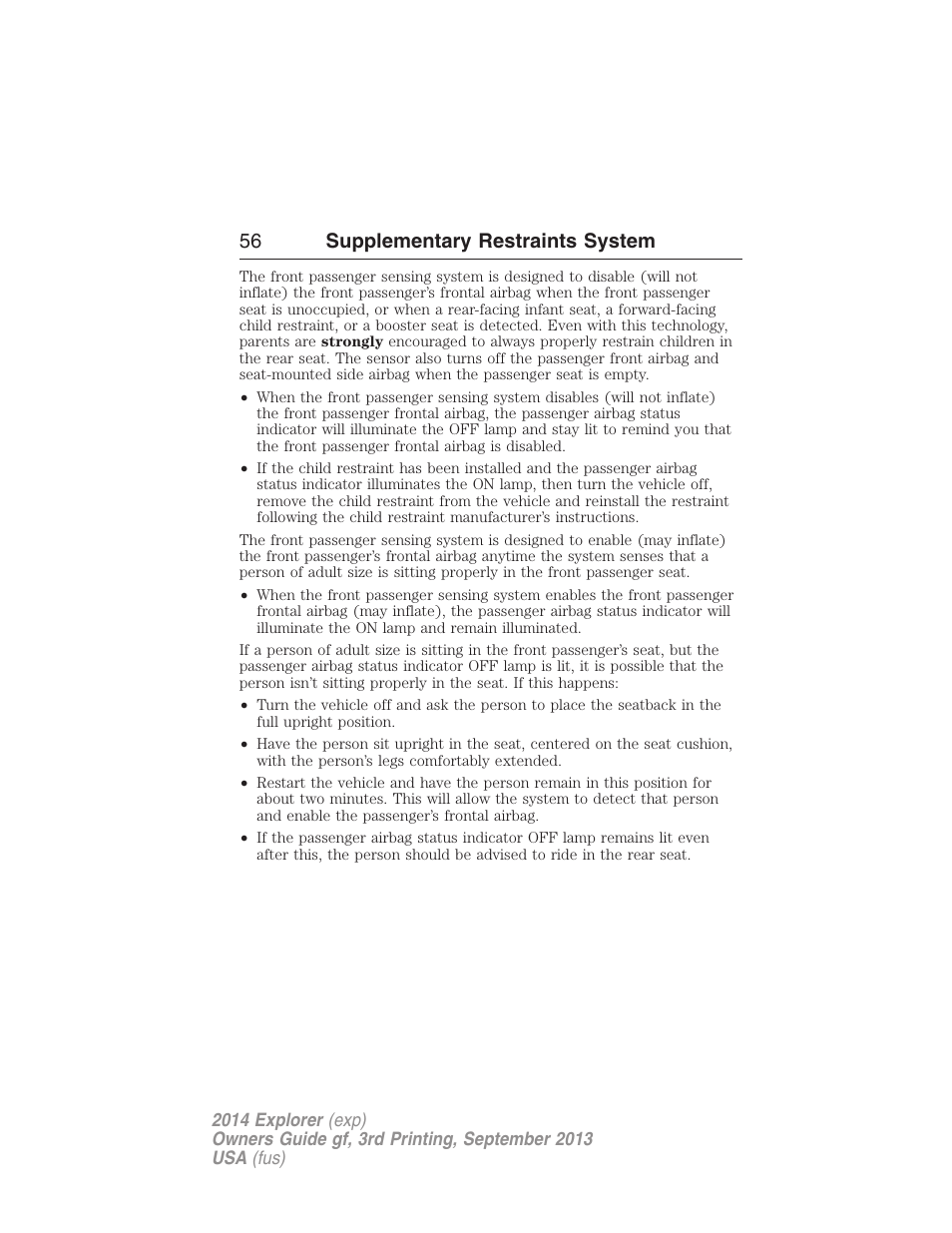 56 supplementary restraints system | FORD 2014 Explorer v.3 User Manual | Page 57 / 593