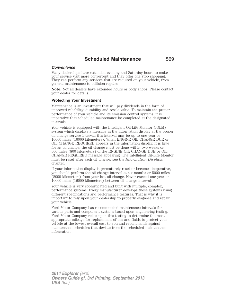Convenience, Protecting your investment, Scheduled maintenance 569 | FORD 2014 Explorer v.3 User Manual | Page 570 / 593