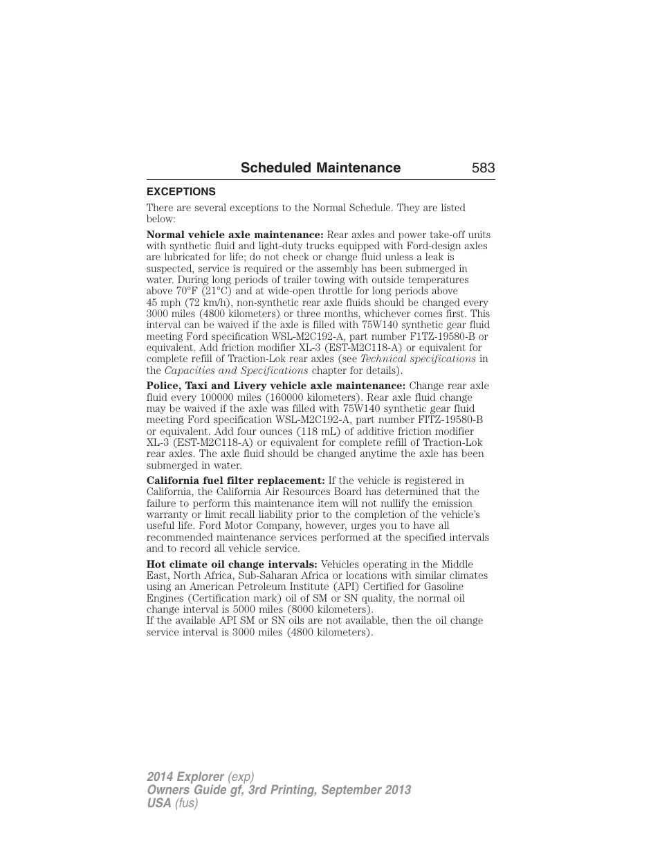 Exceptions, Scheduled maintenance 583 | FORD 2014 Explorer v.3 User Manual | Page 584 / 593