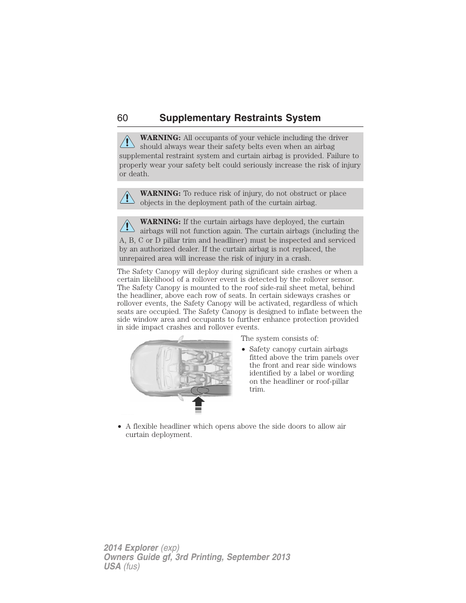 60 supplementary restraints system | FORD 2014 Explorer v.3 User Manual | Page 61 / 593