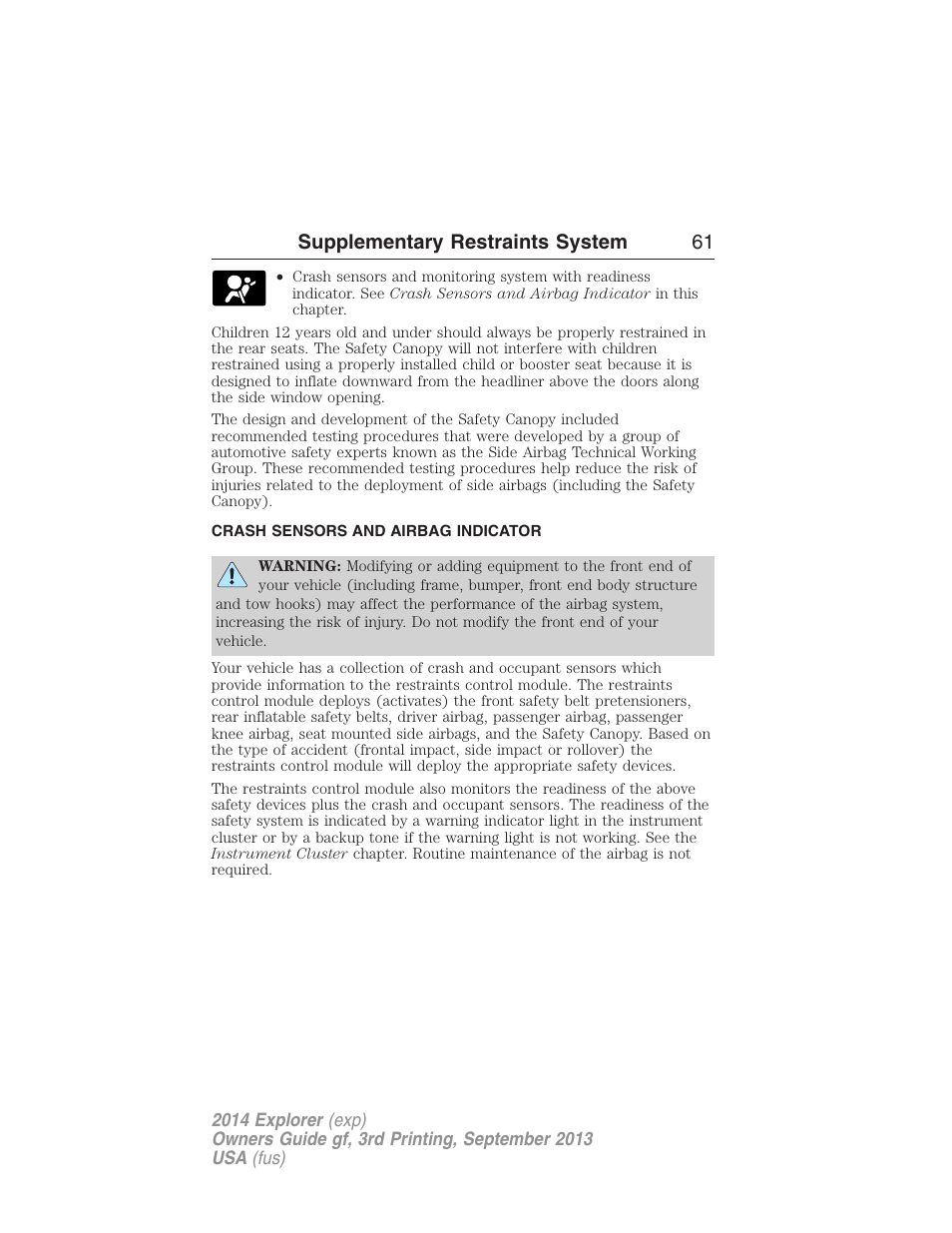 Crash sensors and airbag indicator, Supplementary restraints system 61 | FORD 2014 Explorer v.3 User Manual | Page 62 / 593