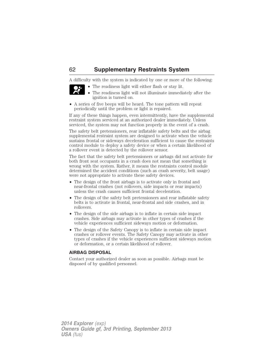 Airbag disposal, 62 supplementary restraints system | FORD 2014 Explorer v.3 User Manual | Page 63 / 593