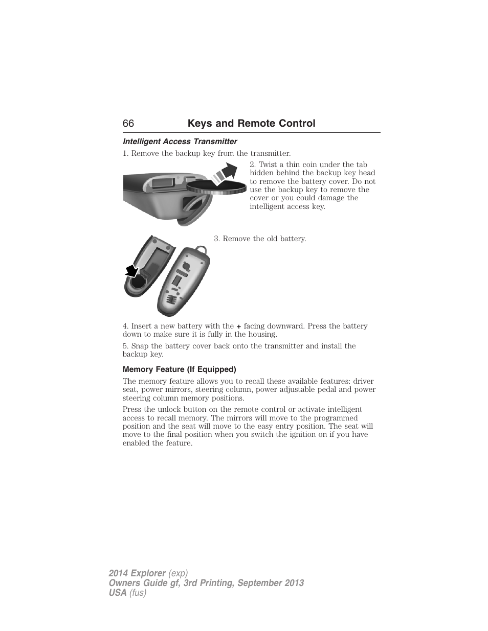 Intelligent access transmitter, Memory feature (if equipped), 66 keys and remote control | FORD 2014 Explorer v.3 User Manual | Page 67 / 593