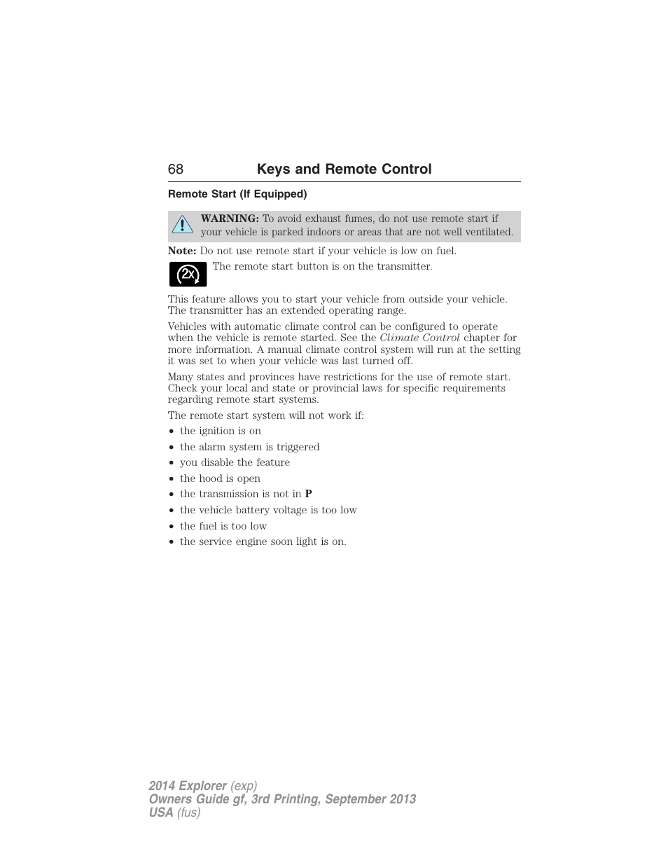 Remote start (if equipped), 68 keys and remote control | FORD 2014 Explorer v.3 User Manual | Page 69 / 593