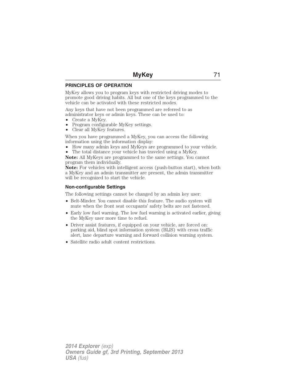 Mykey, Principles of operation, Non-configurable settings | Settings, mykey, Mykey 71 | FORD 2014 Explorer v.3 User Manual | Page 72 / 593