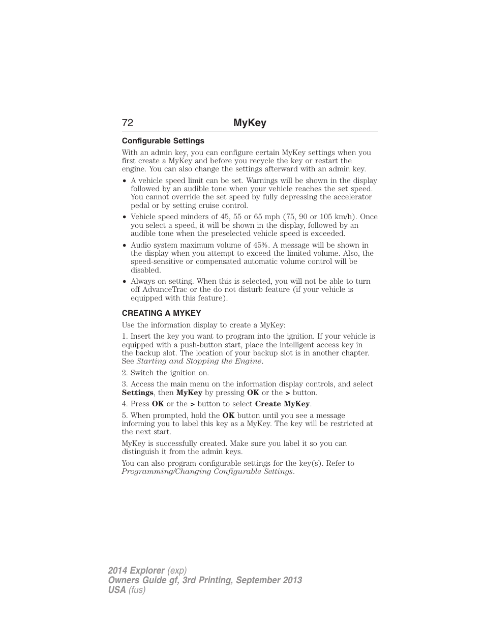 Configurable settings, Creating a mykey, Creating | 72 mykey | FORD 2014 Explorer v.3 User Manual | Page 73 / 593