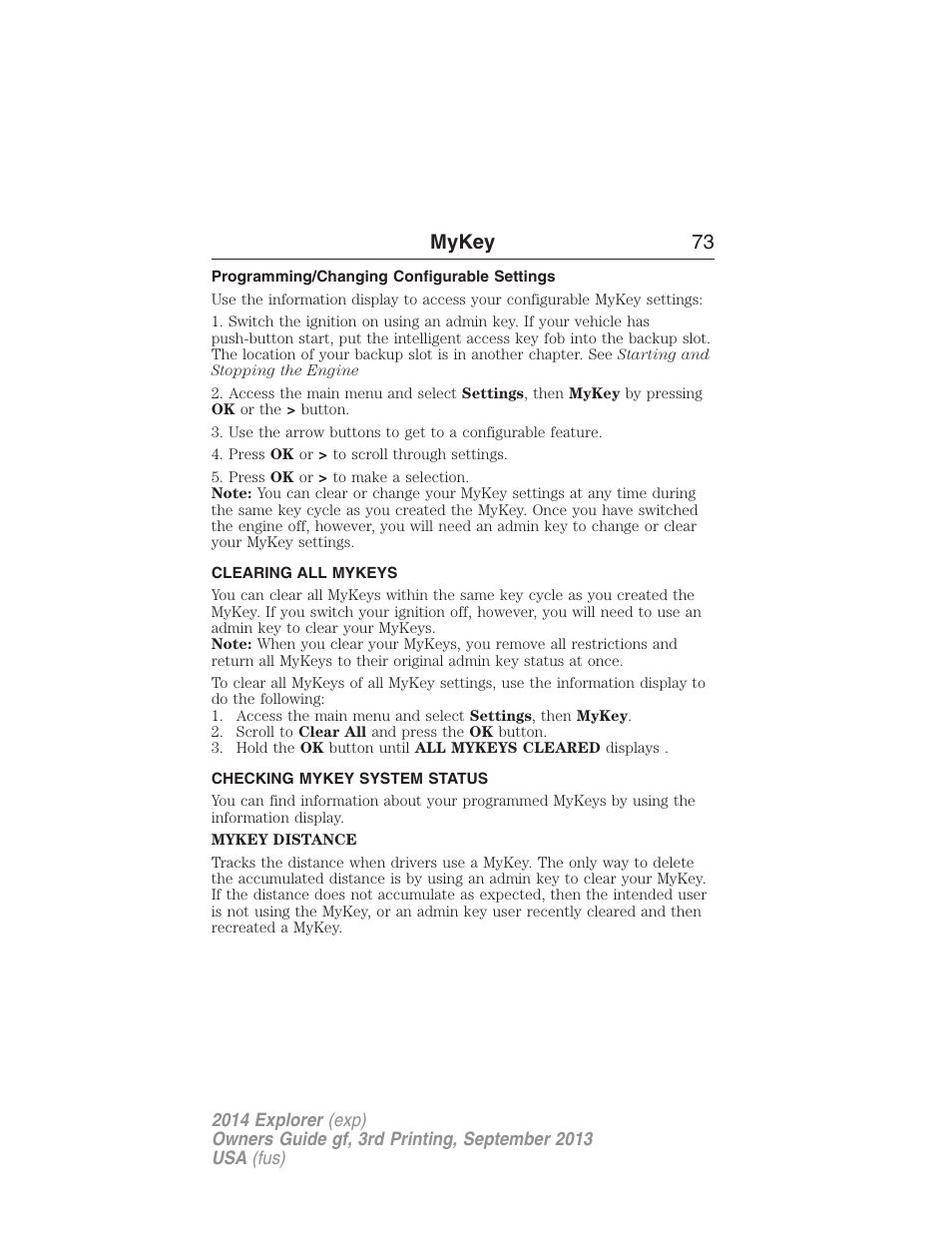 Programming/changing configurable settings, Clearing all mykeys, Checking mykey system status | Clearing, System status, Mykey 73 | FORD 2014 Explorer v.3 User Manual | Page 74 / 593