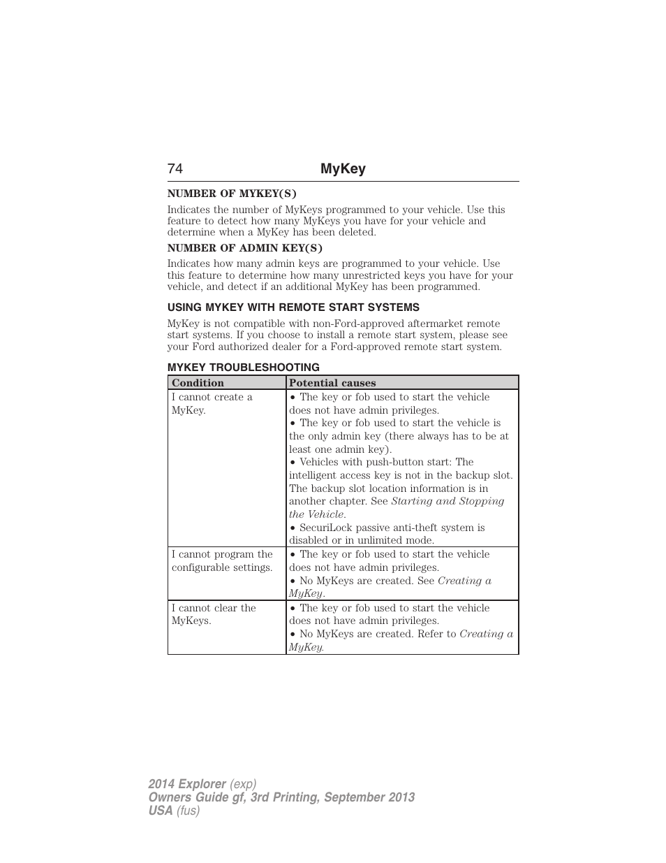 Using mykey with remote start systems, Mykey troubleshooting, Remote start, mykey | Troubleshooting, mykey, 74 mykey | FORD 2014 Explorer v.3 User Manual | Page 75 / 593