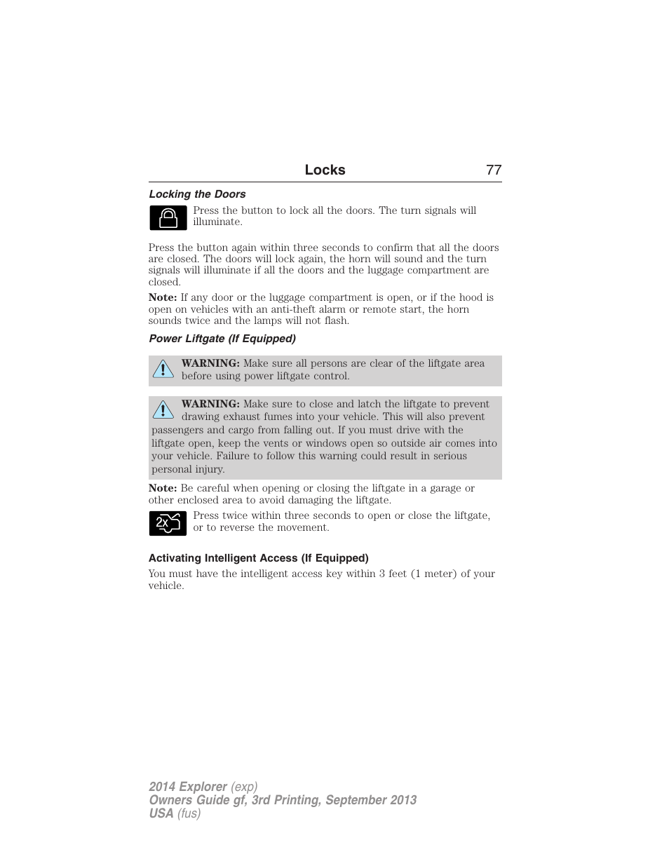 Locking the doors, Power liftgate (if equipped), Activating intelligent access (if equipped) | Locks 77 | FORD 2014 Explorer v.3 User Manual | Page 78 / 593