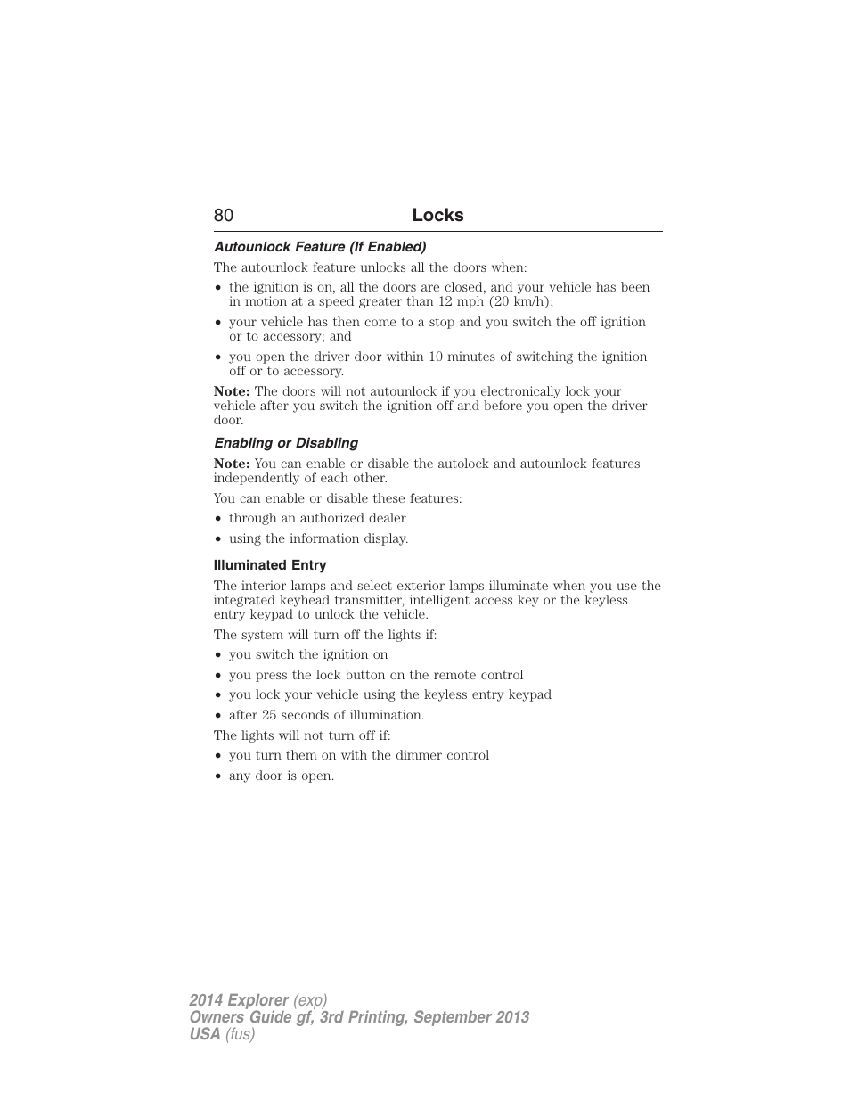 Autounlock feature (if enabled), Enabling or disabling, Illuminated entry | 80 locks | FORD 2014 Explorer v.3 User Manual | Page 81 / 593