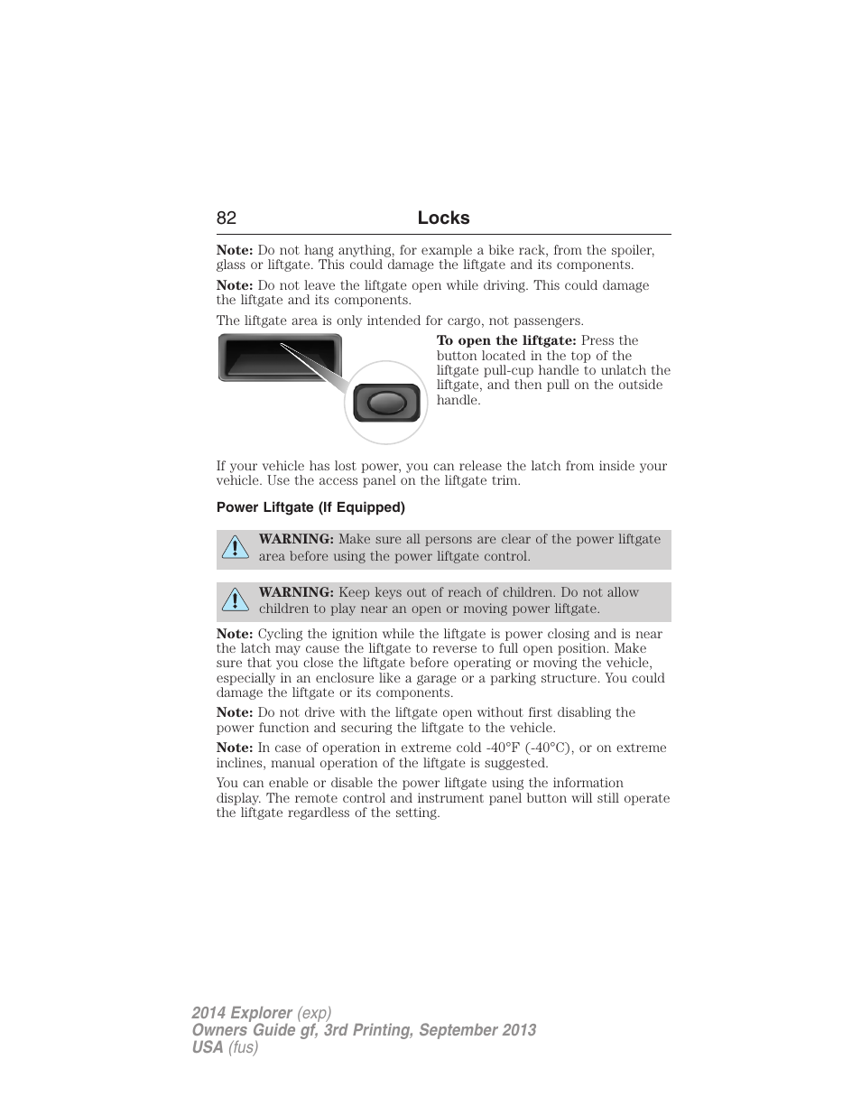 Power liftgate (if equipped), 82 locks | FORD 2014 Explorer v.3 User Manual | Page 83 / 593