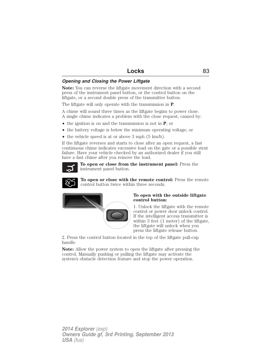 Opening and closing the power liftgate, Locks 83 | FORD 2014 Explorer v.3 User Manual | Page 84 / 593