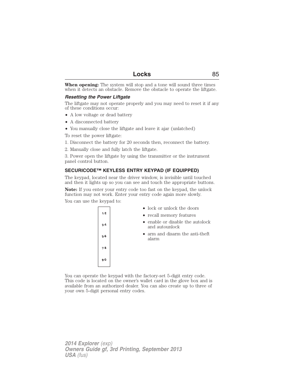 Resetting the power liftgate, Securicode™ keyless entry keypad (if equipped), Securicode™ keyless entry keypad | Locks 85 | FORD 2014 Explorer v.3 User Manual | Page 86 / 593